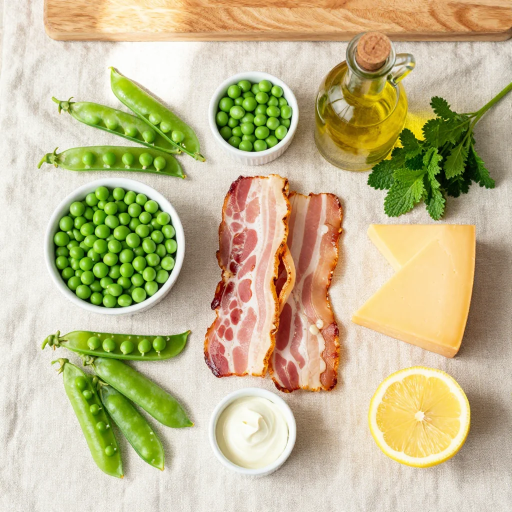 All ingredients for Spring Pea Salad with Bacon and Cheese