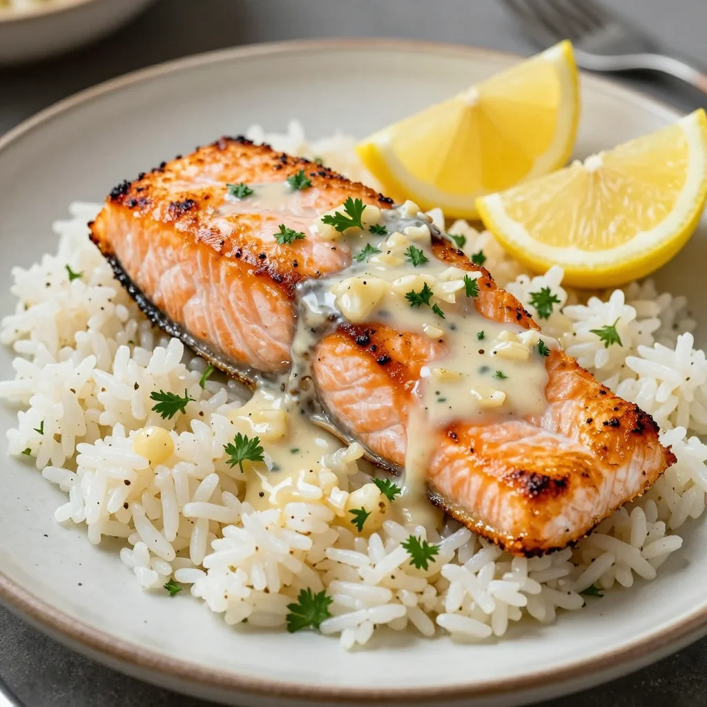 Budget Dinner Creamy Garlic Butter Salmon and Rice