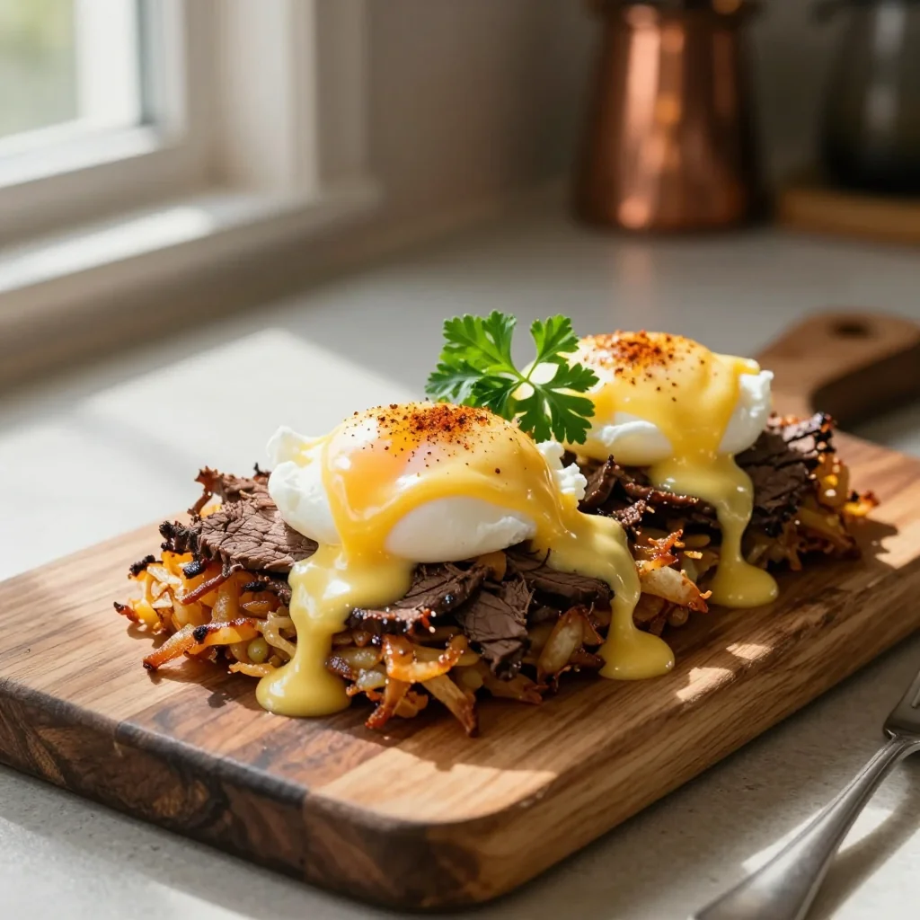 Corned Beef Hash with Poached Eggs and Hollandaise