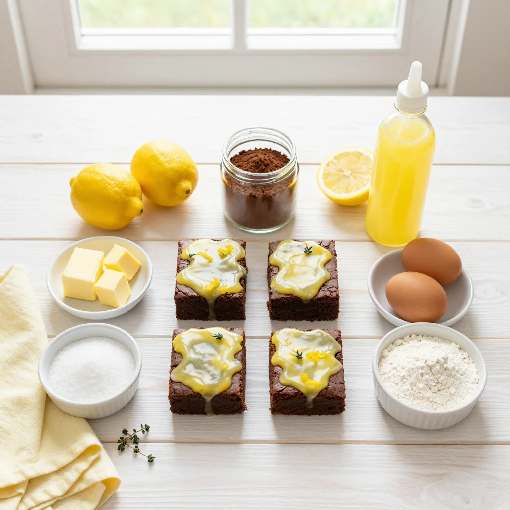 All ingredients for Lemon Brownies with Lemon Glaze neatly arranged on a wooden board