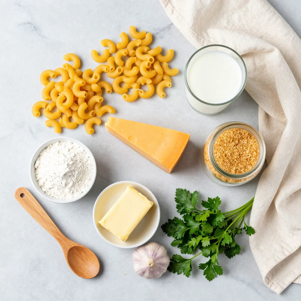 All ingredients for Baked Macaroni and Cheese with Breadcrumbs laid out on a wooden board