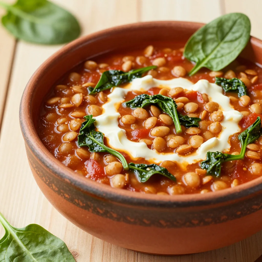 Budget Friendly Creamy Tomato and Lentil Stew with Spinach