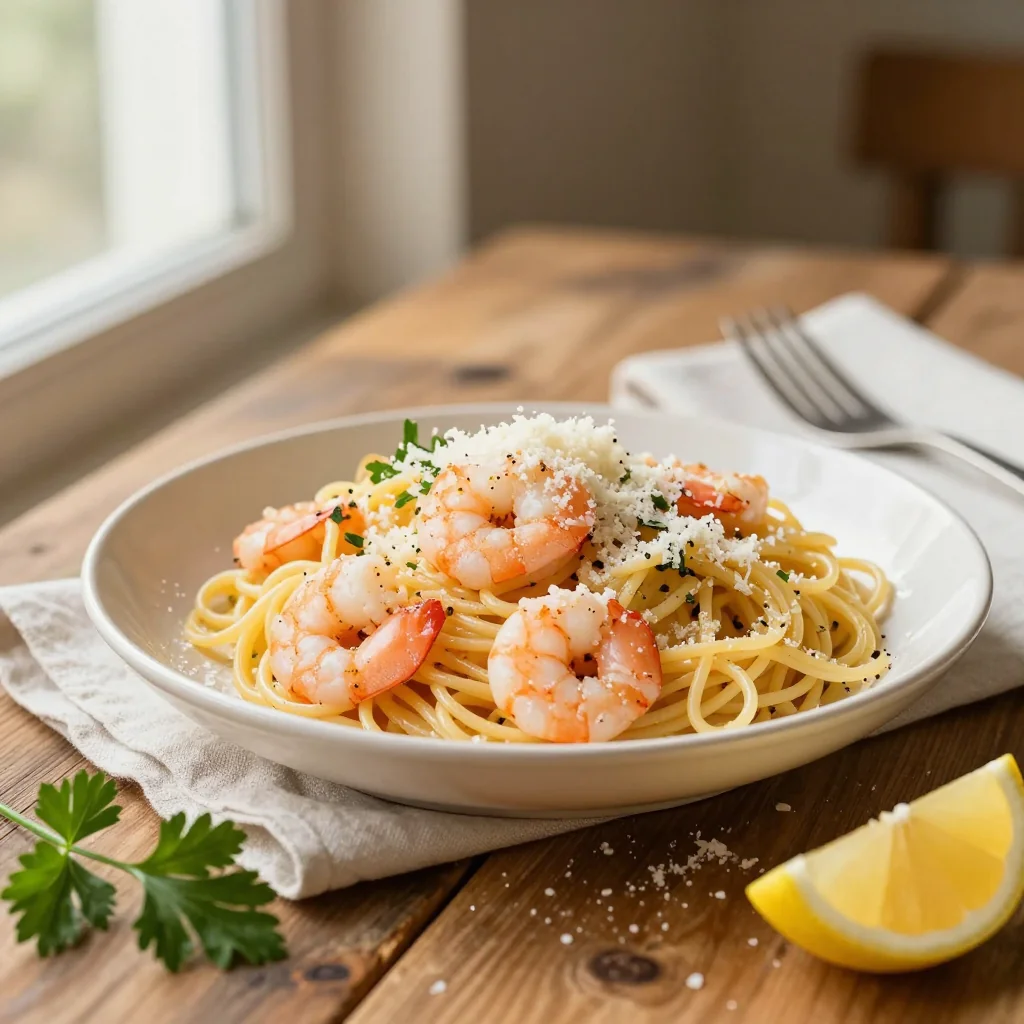 Lemon Garlic Pasta with Shrimp and Parmesan