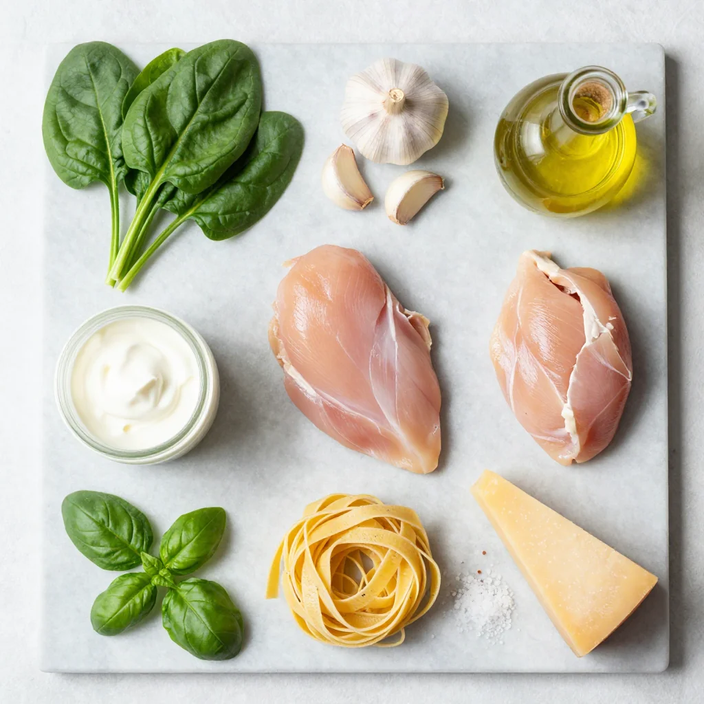 All ingredients for Creamy Spinach Pasta with Chicken and Garlic