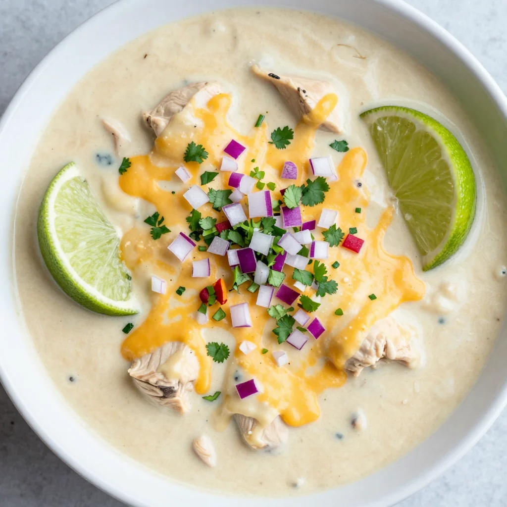 Easy Slow Cooker White Chicken Chili With Cheese And Lime Wedges