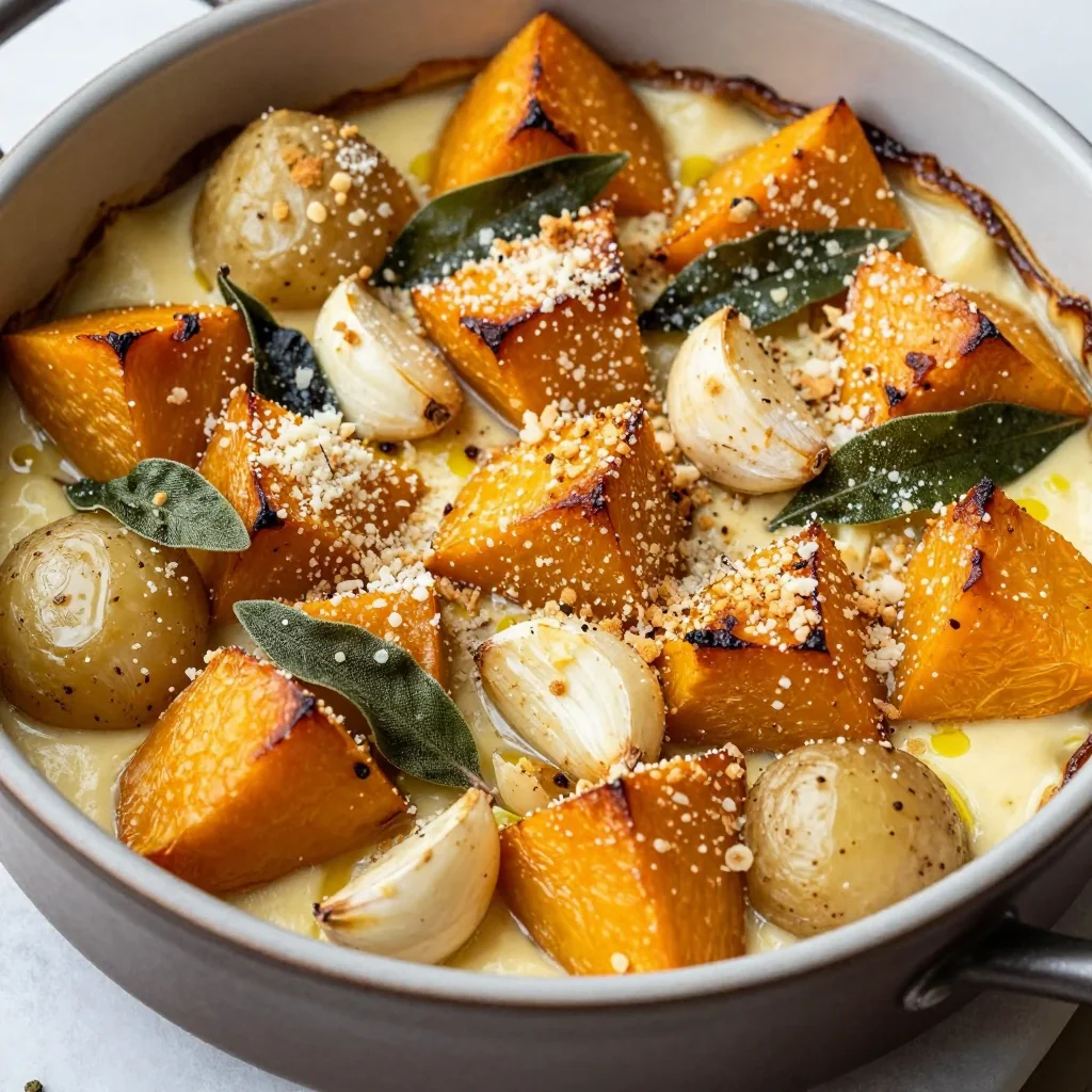 warm garlic roasted winter squash and potato bake for meal prep
