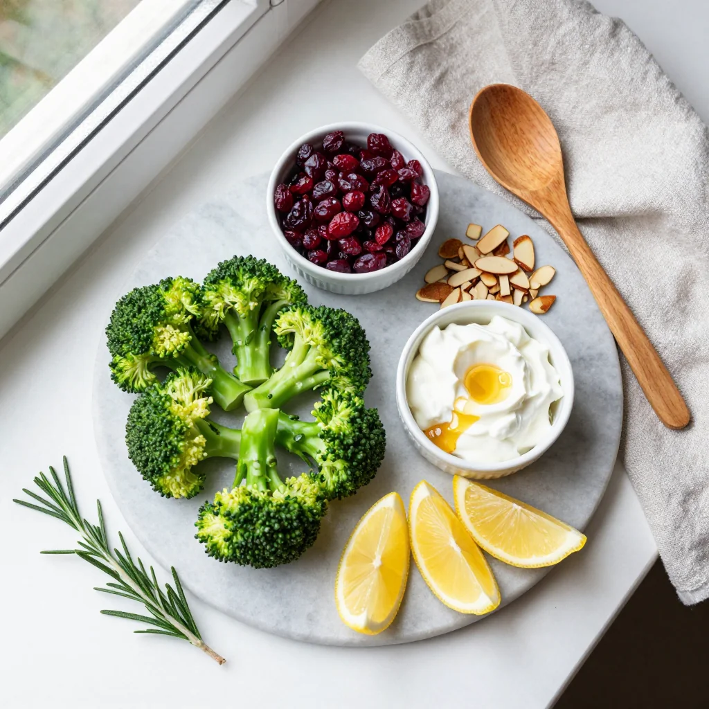 All ingredients for Broccoli Salad with Cranberries laid out on a wooden board