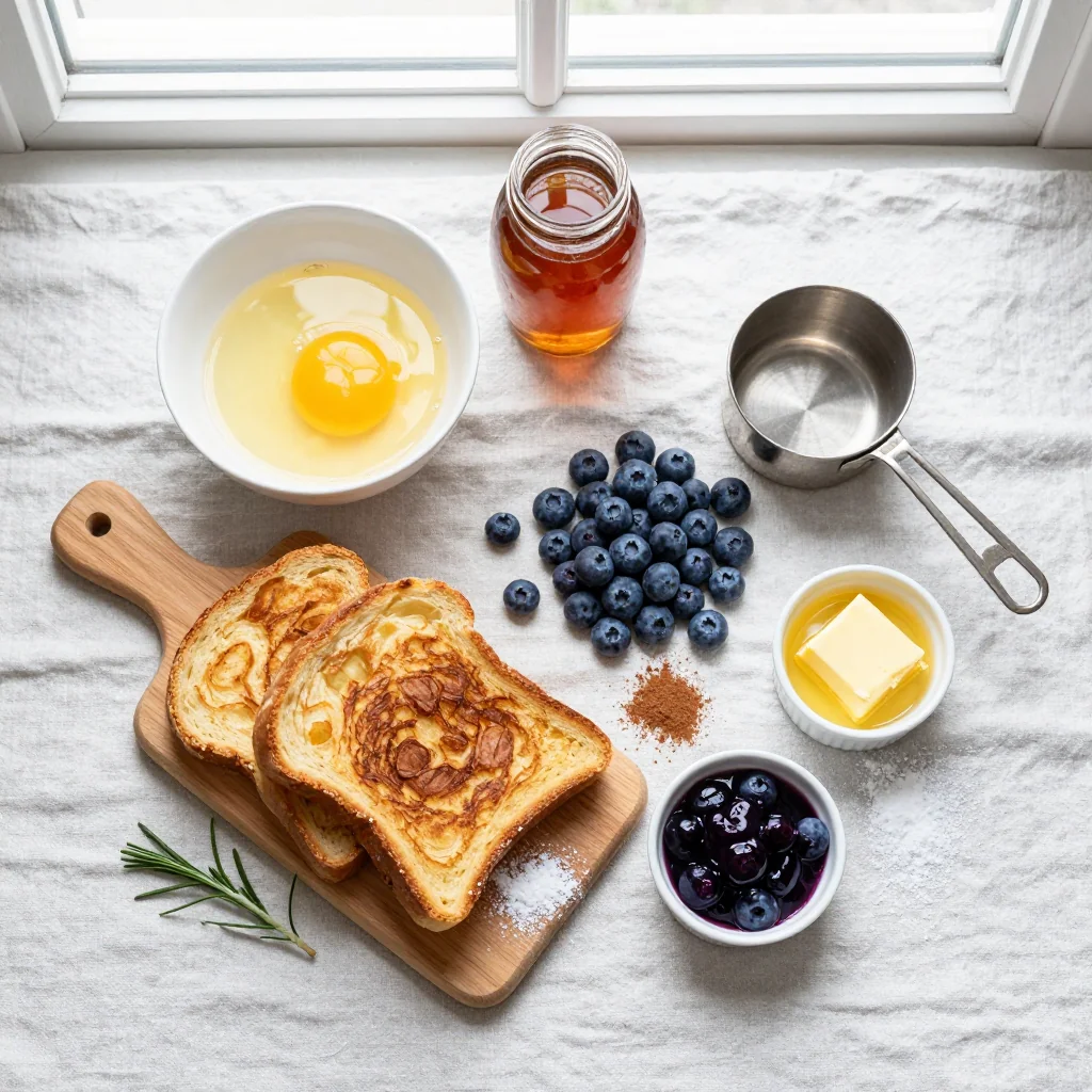 All ingredients for Overnight French Toast Casserole with Blueberry Sauce