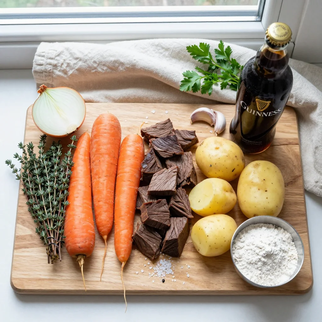 All ingredients for Slow Cooker Guinness Beef Stew with Root Vegetables
