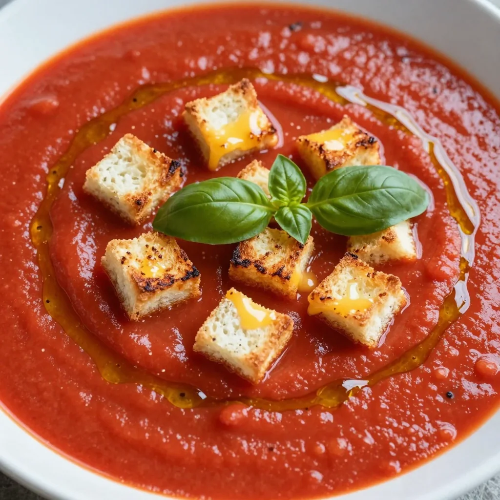Warm and Creamy Tomato Soup with Grilled Cheese Croutons