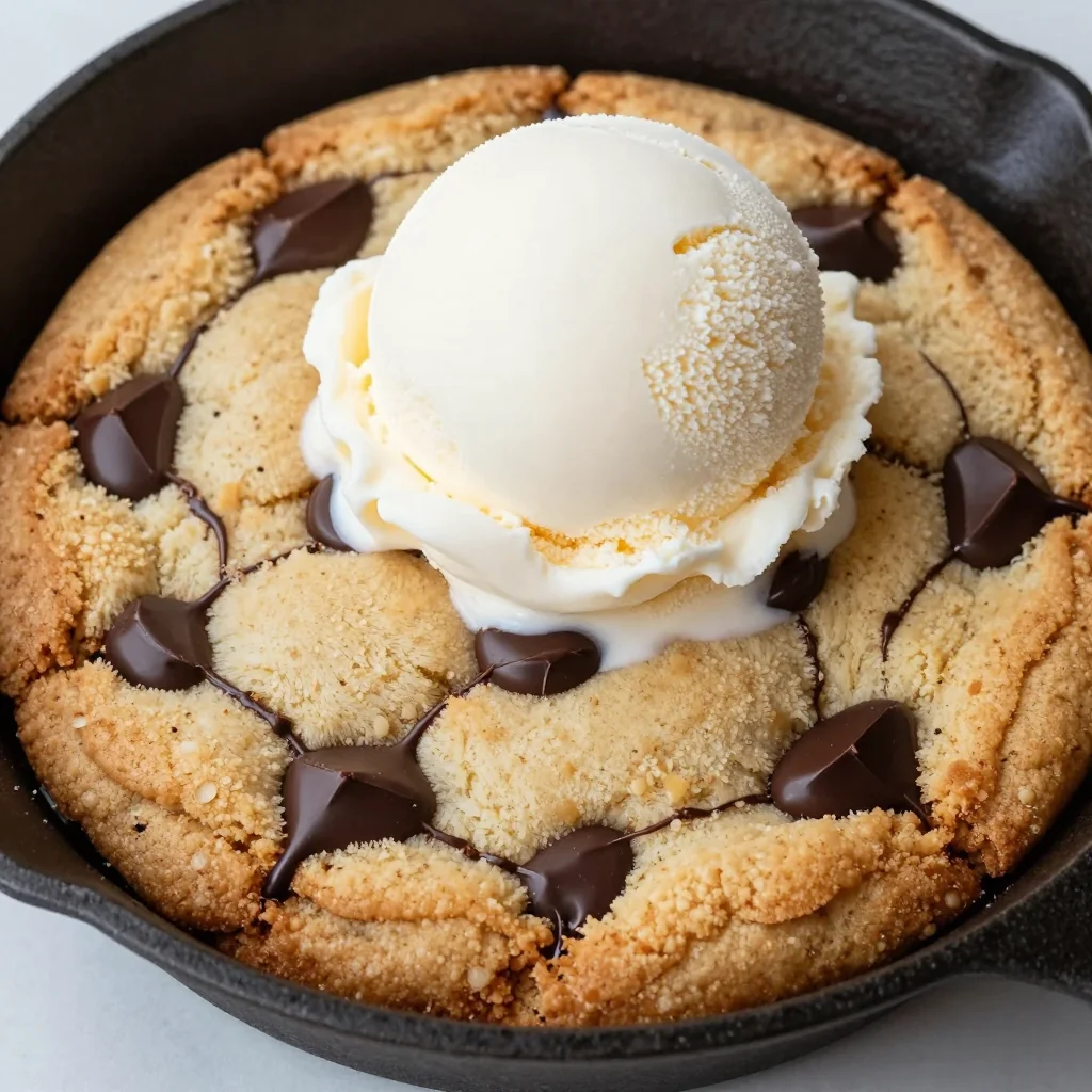 Warm Chocolate Chip Skillet Cookie with Vanilla Ice Cream for a Family Dessert