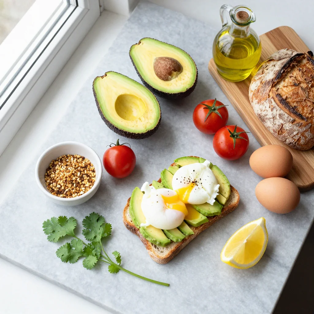 All ingredients laid out for Avocado Toast with Poached Egg and Everything Bagel Seasoning
