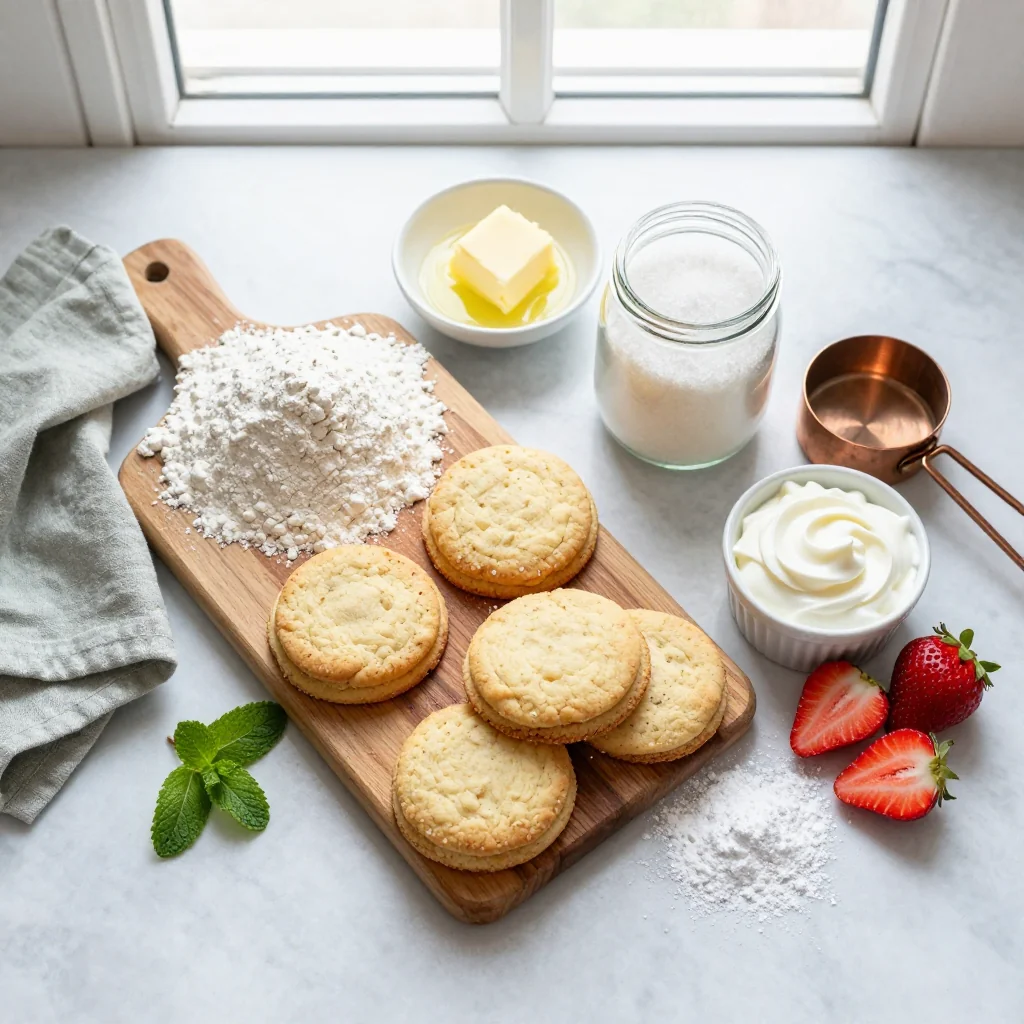 All ingredients for Strawberry Shortcake Biscuits neatly arranged on a wooden board