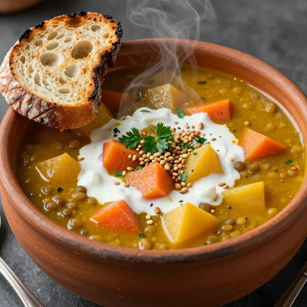 healthy lentil and root vegetable soup for cold winter evenings