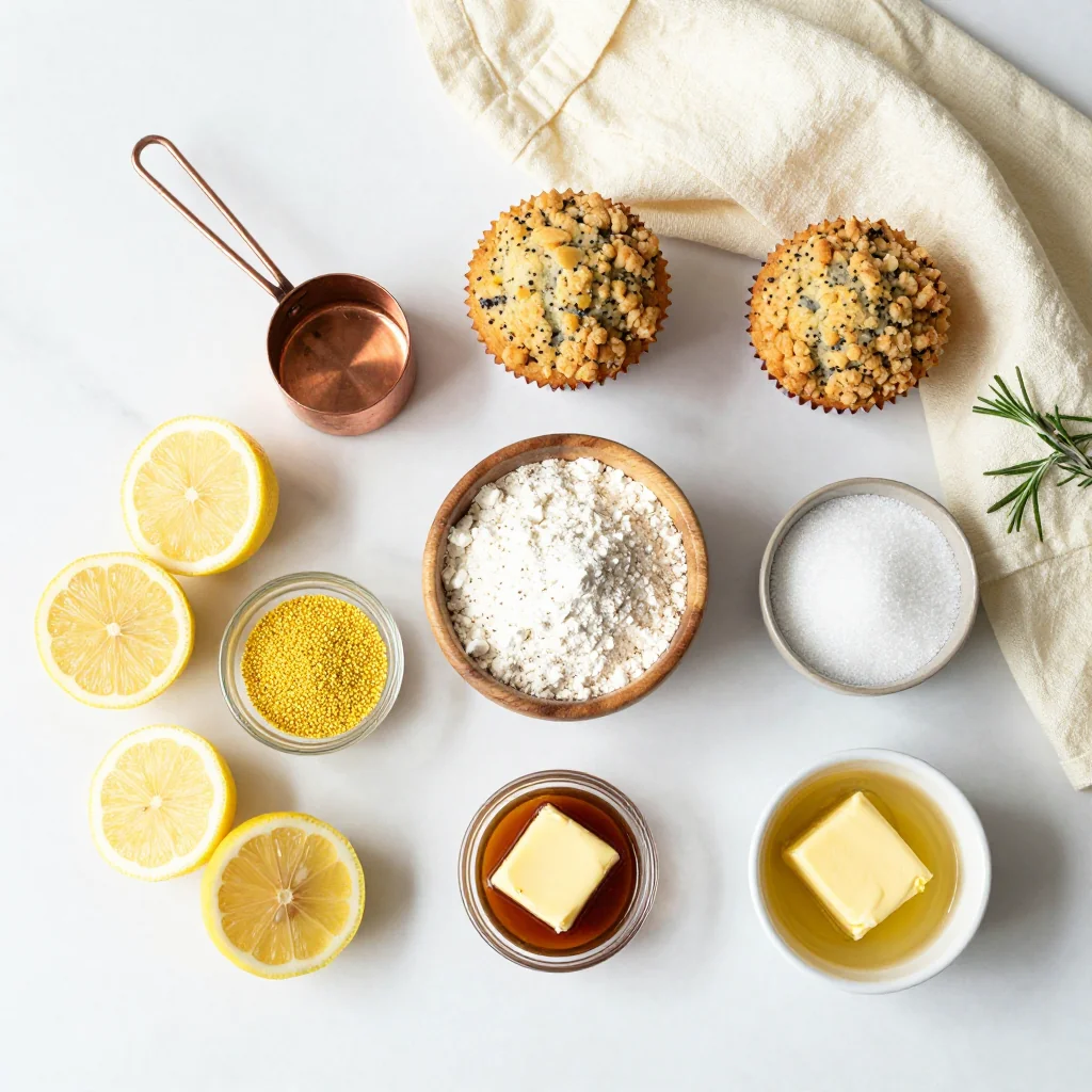 All ingredients for Lemon Poppy Seed Muffins with Streusel Topping