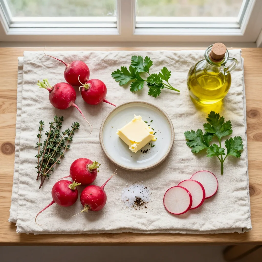 All ingredients laid out for Roasted Radishes with Butter and Herbs