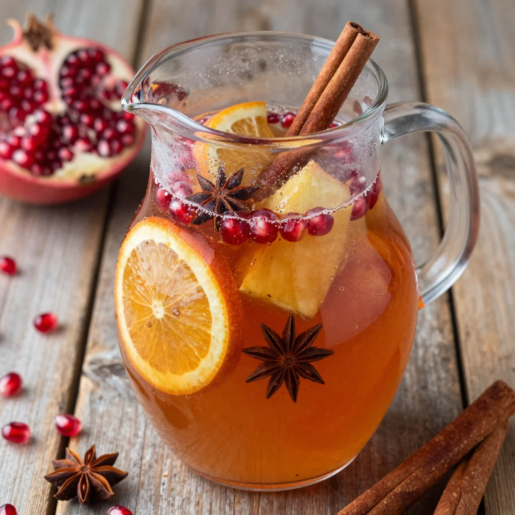 spiced apple cider sangria with citrus and pomegranate seeds