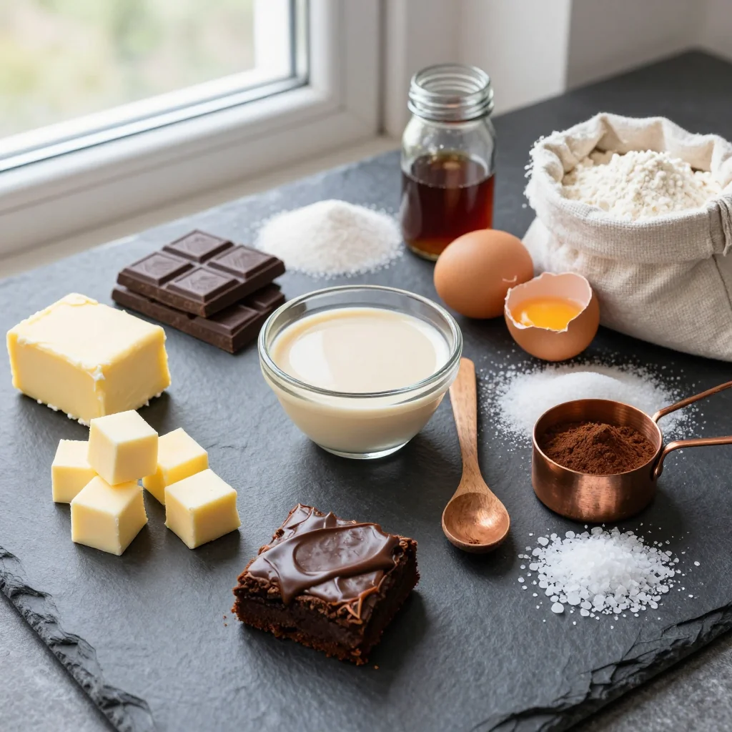 All ingredients for Irish Cream Brownies with Baileys Ganache