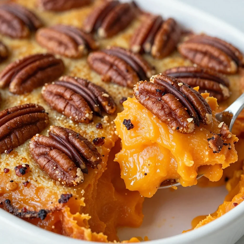 sweet potato and cinnamon casserole topped with toasted pecans