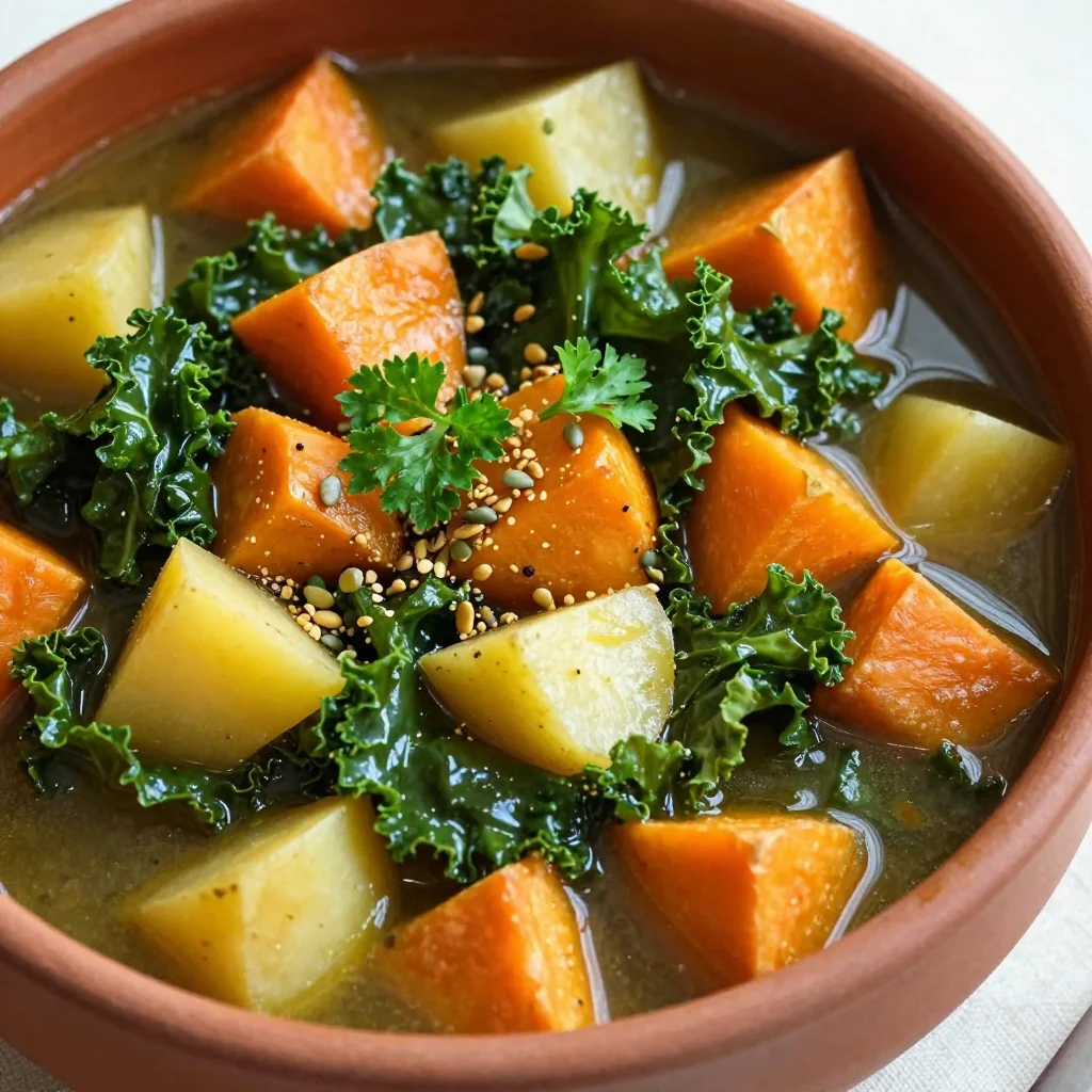 batch cooked kale and sweet potato stew for comforting family suppers