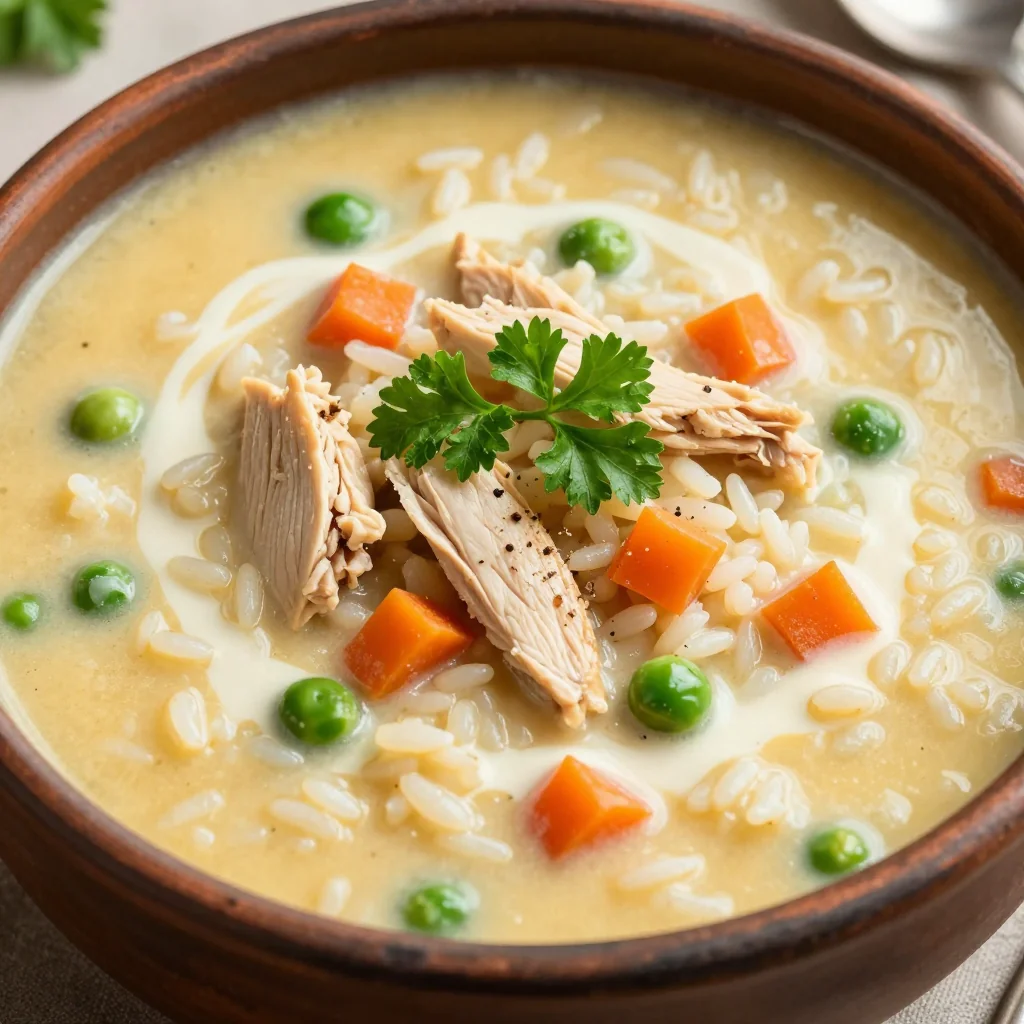 January Thaw Creamy Chicken and Rice Soup with Carrots and Peas