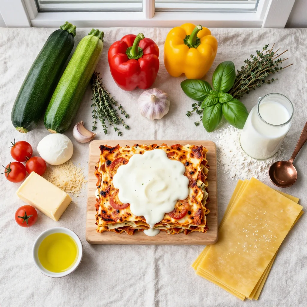 All ingredients for Roasted Vegetable Lasagna with White Béchamel Sauce