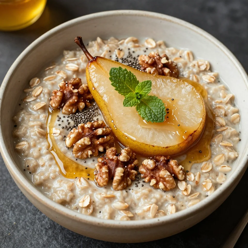 Healthy Warm Oatmeal with Poached Pears and Walnuts