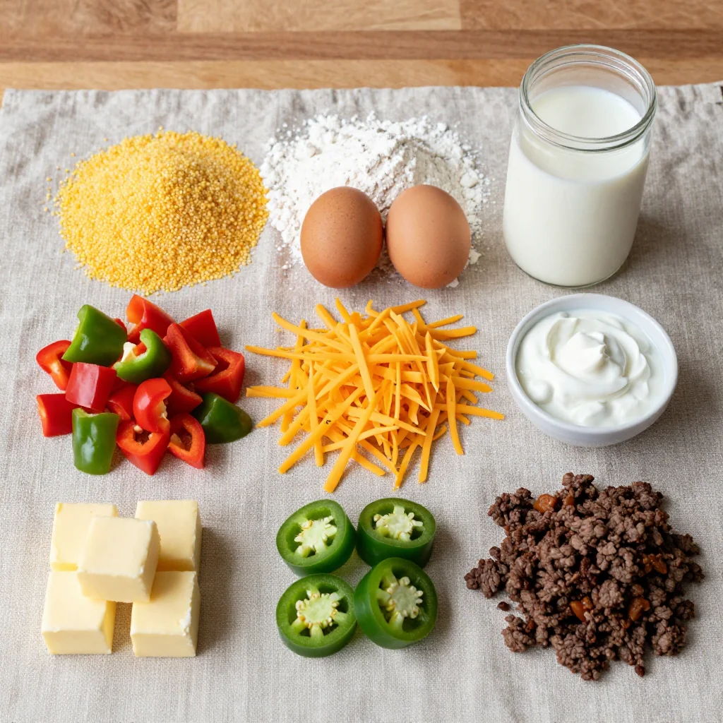 All ingredients for Cowboy Cornbread Casserole with Beef neatly arranged on a wooden board