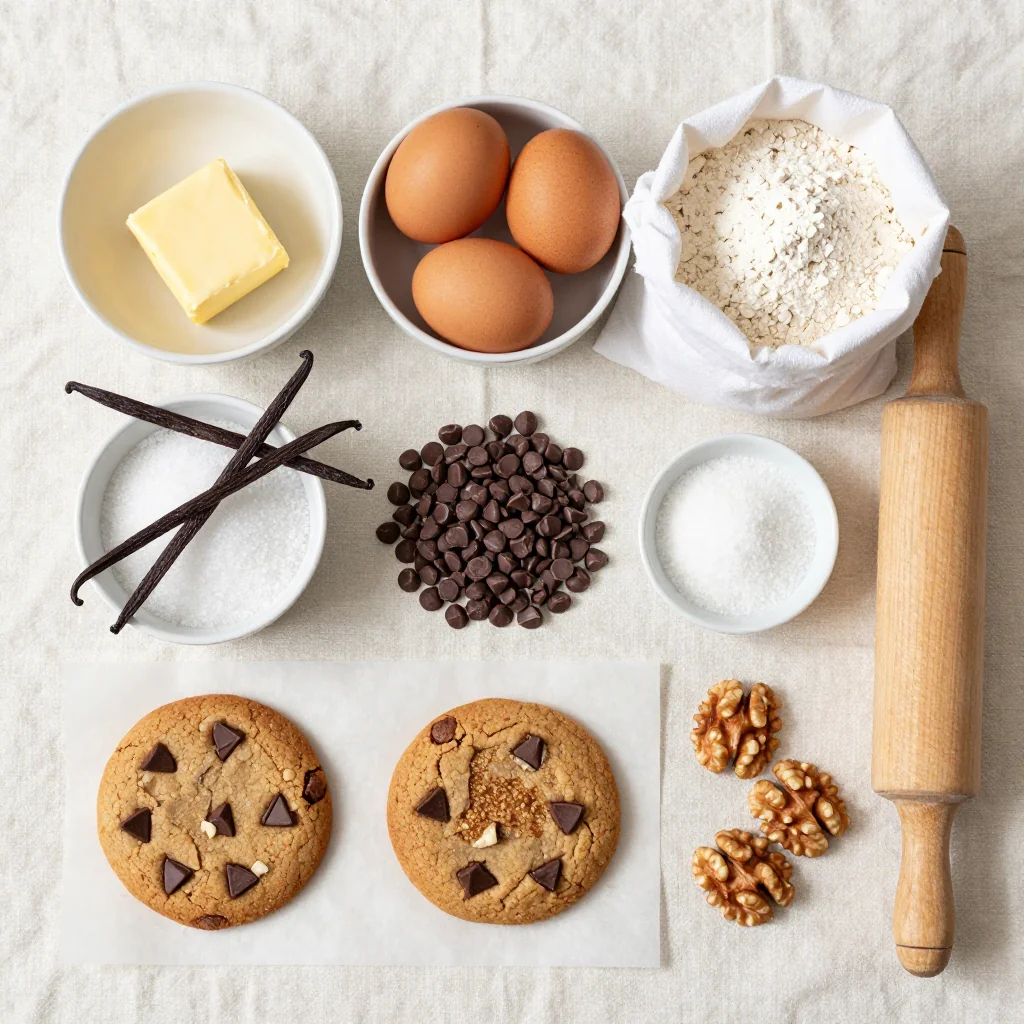 All ingredients for Chocolate Chip Walnut Cookies Soft and Chewy