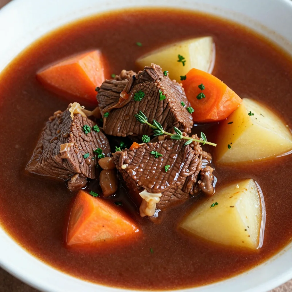 slow cooker beef and root vegetable soup with garlic and herbs