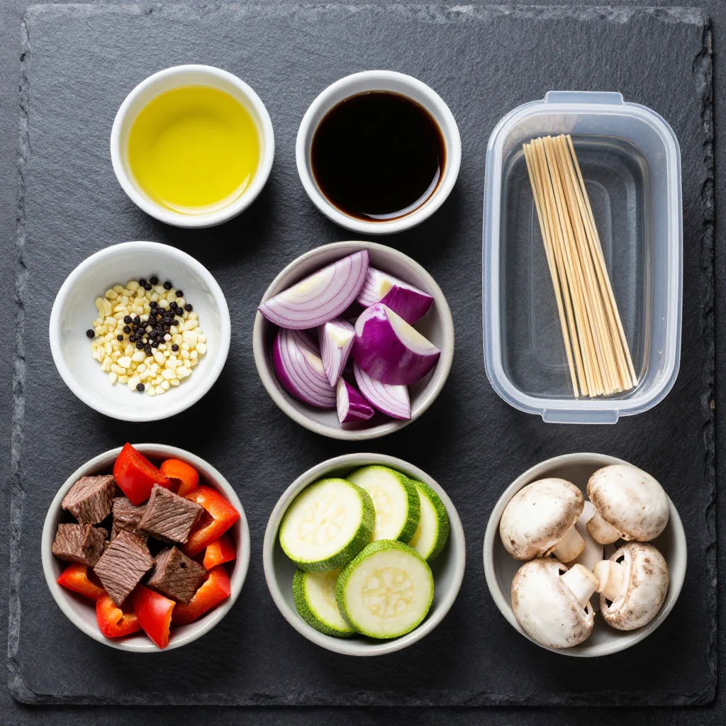 Fresh ingredients for beef and veggie skewers