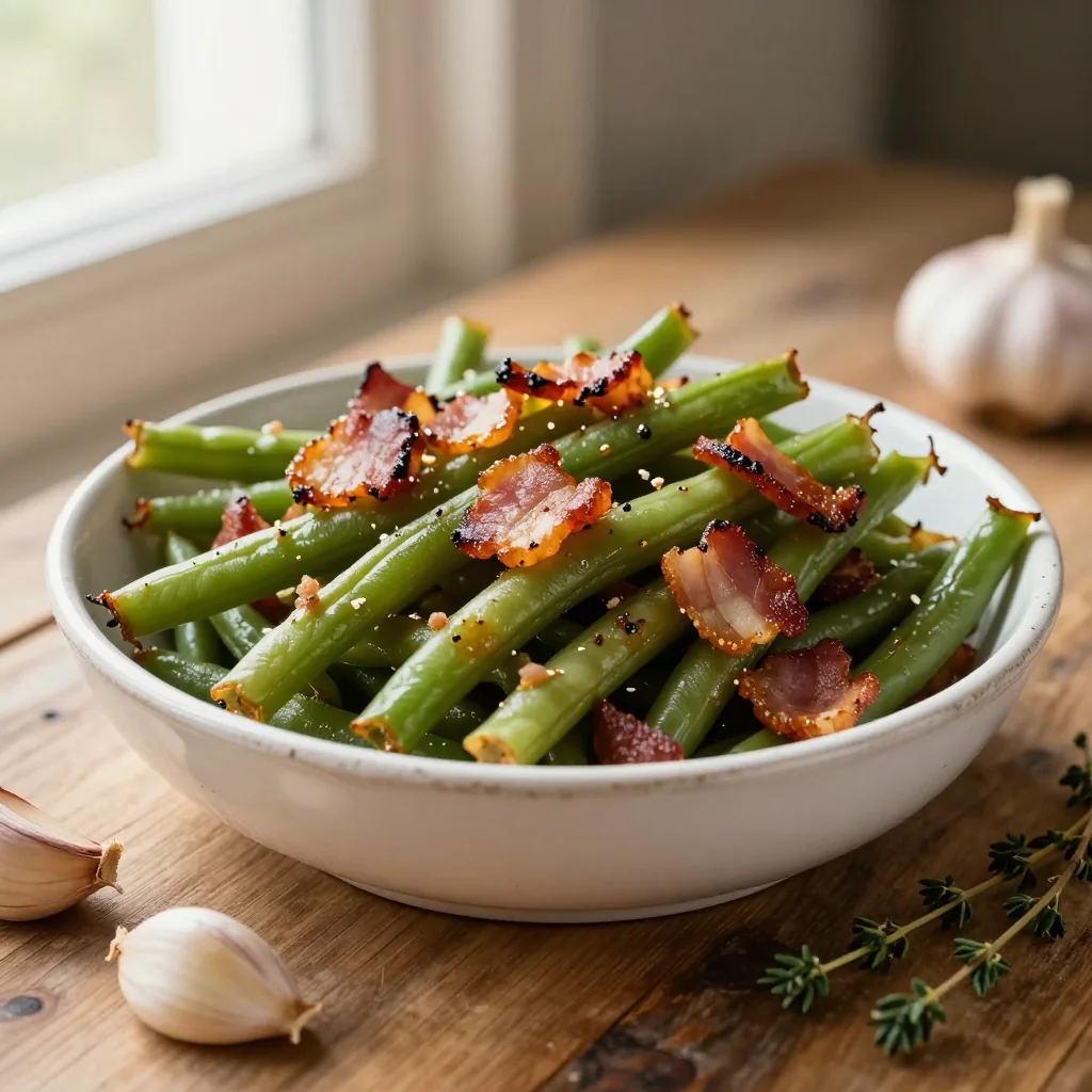 Garlic Roasted Green Beans with Bacon Bits