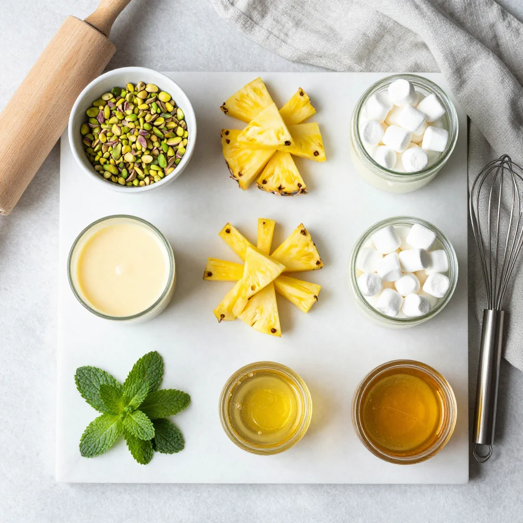 All ingredients for Pistachio Pudding Salad with Pineapple and Marshmallows