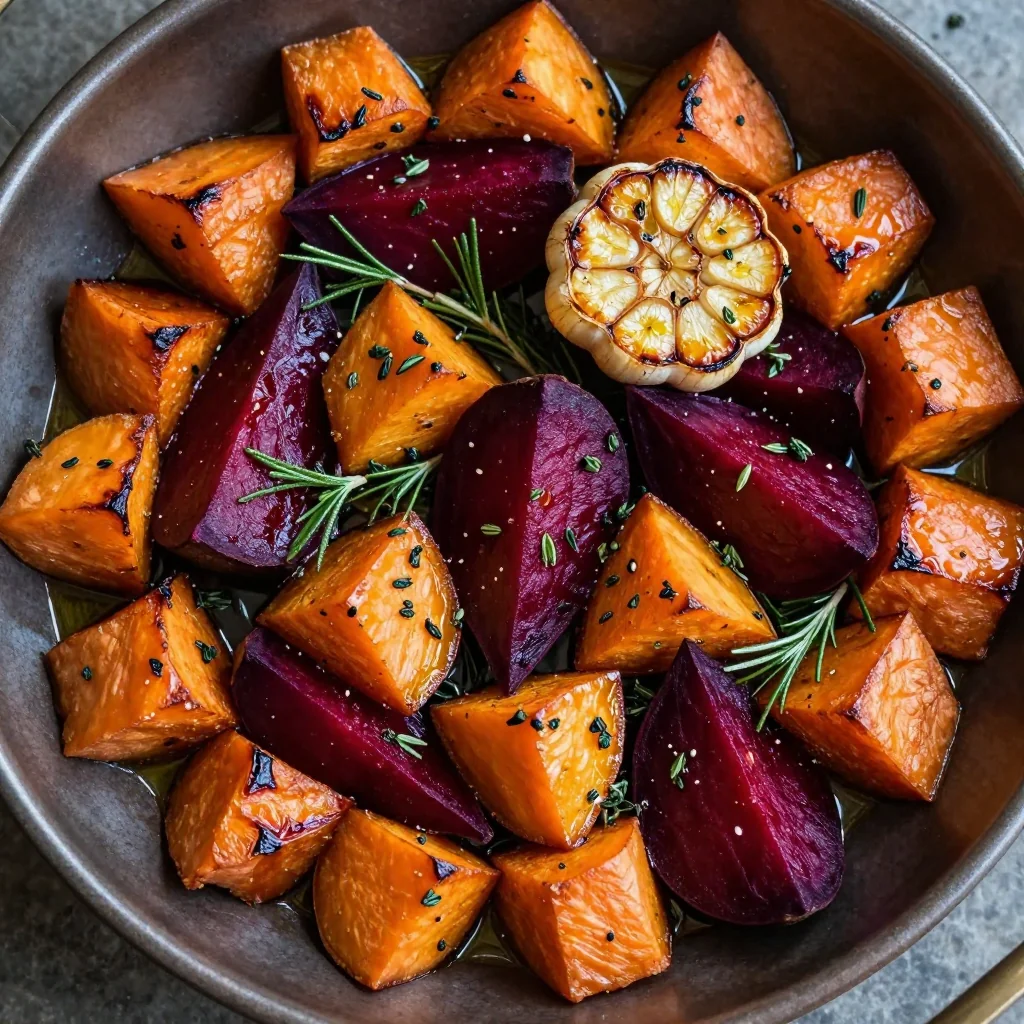 warm roasted garlic and herb sweet potato and beet medley for winter