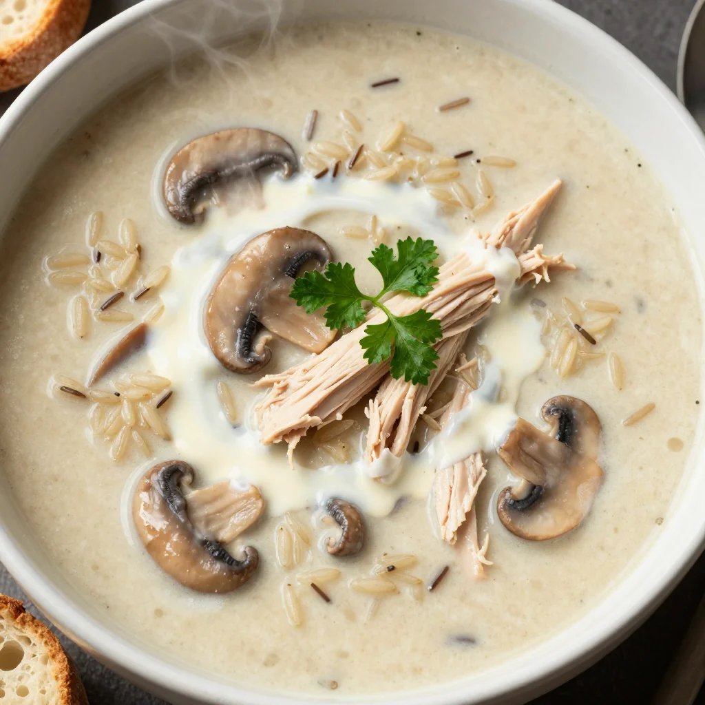 Budget Friendly Creamy Chicken and Mushroom Soup with Wild Rice for Comfort