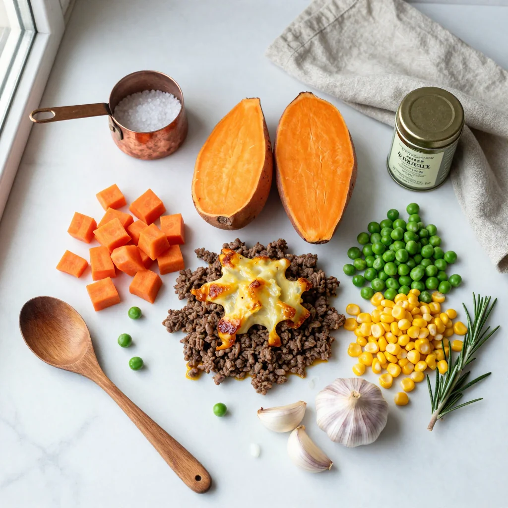 All ingredients for Shepherd's Pie with Sweet Potato Topping