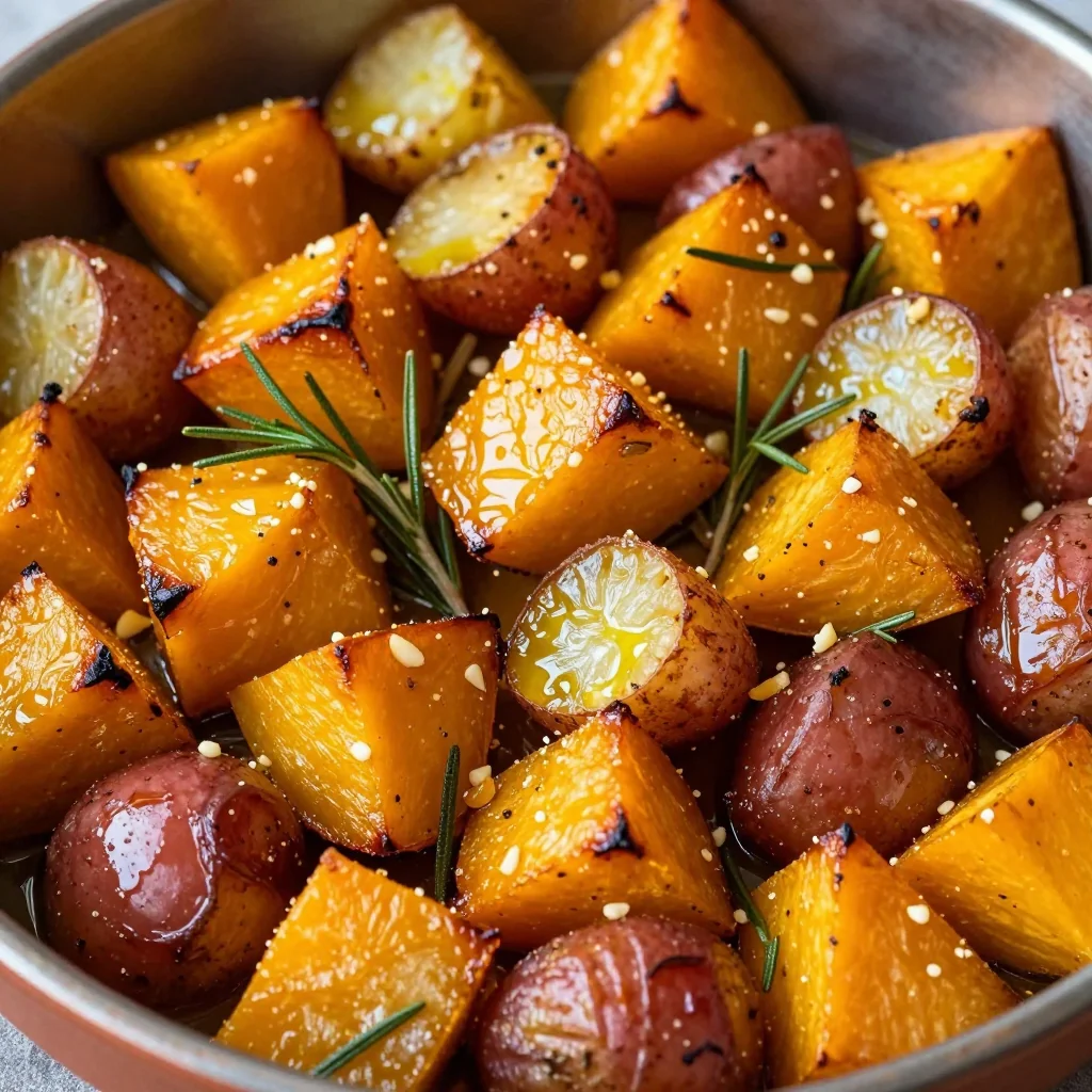warm garlic roasted winter squash with potatoes for january dinners