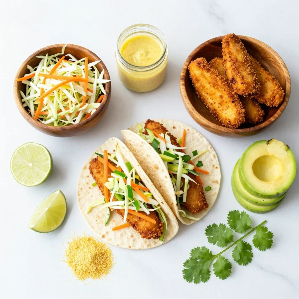 All ingredients for Crispy Air Fryer Fish Tacos with Cilantro Lime Slaw