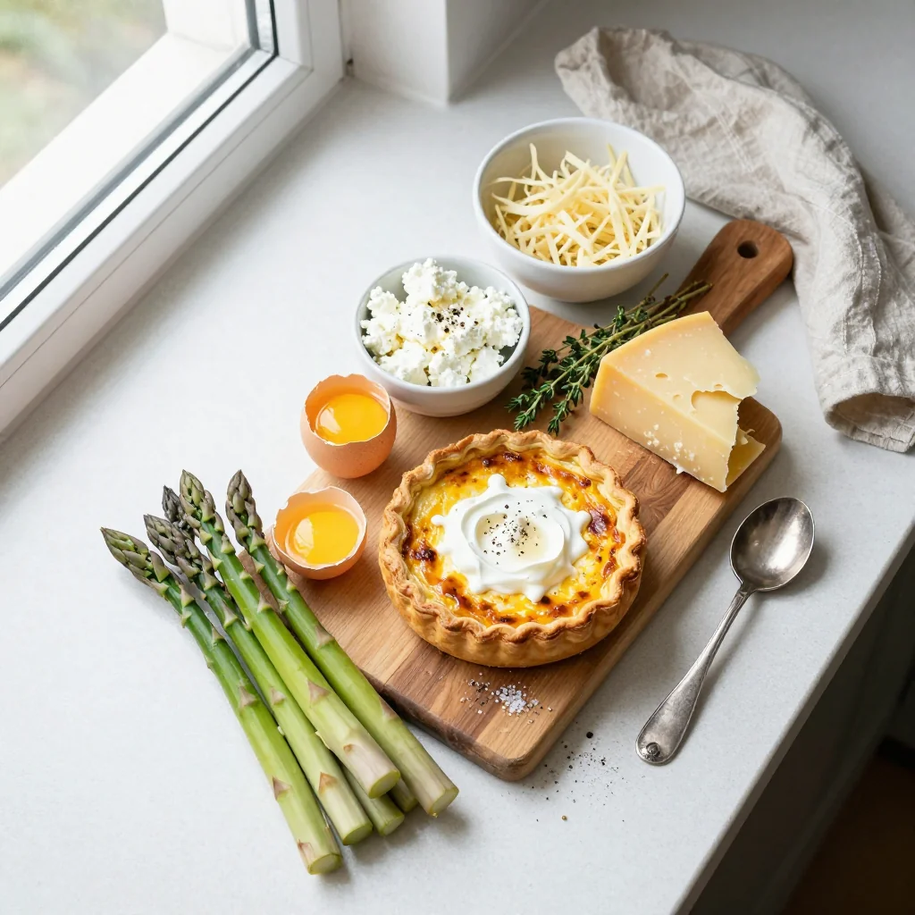All ingredients neatly arranged for Asparagus Quiche with Goat Cheese