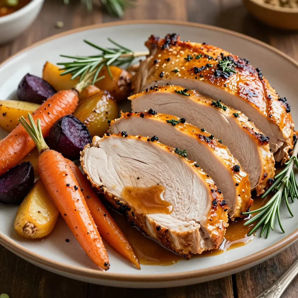 herb roasted turkey breast with root vegetables for christmas dinner