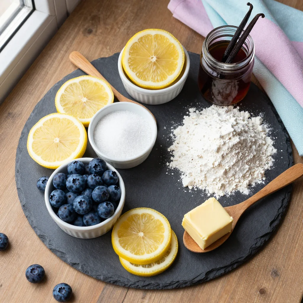 All ingredients for Lemon Blueberry Dump Cake arranged on a kitchen counter