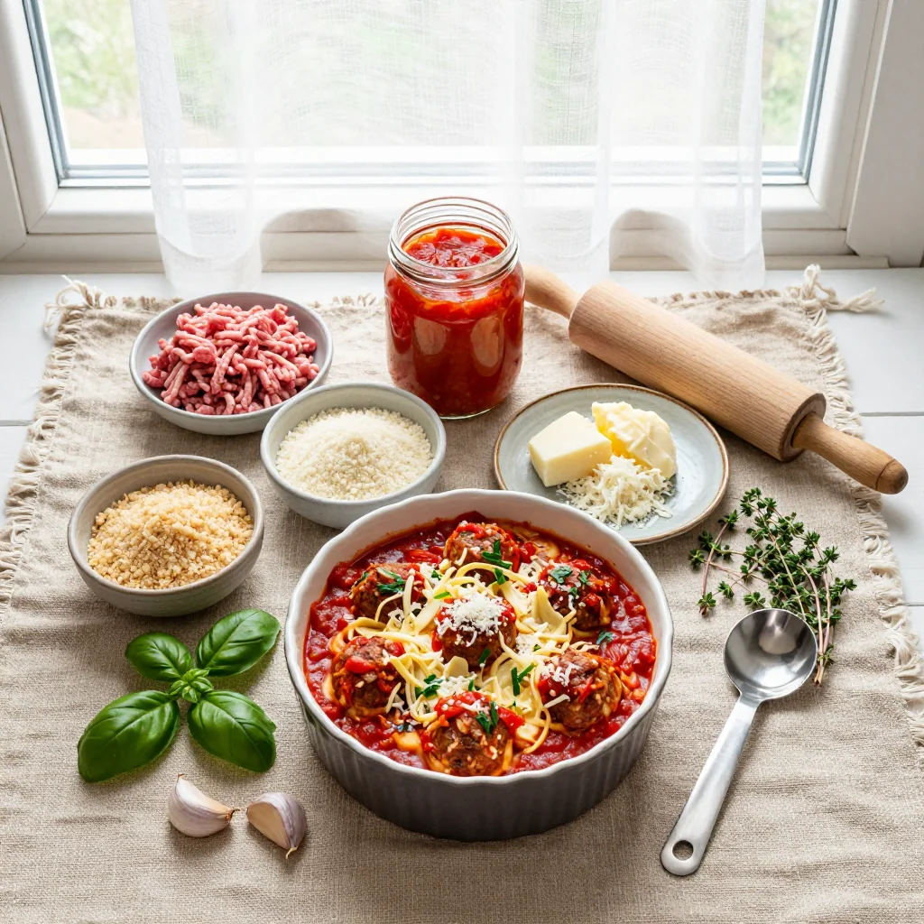 All ingredients for Cheesy Meatball Casserole with Marinara