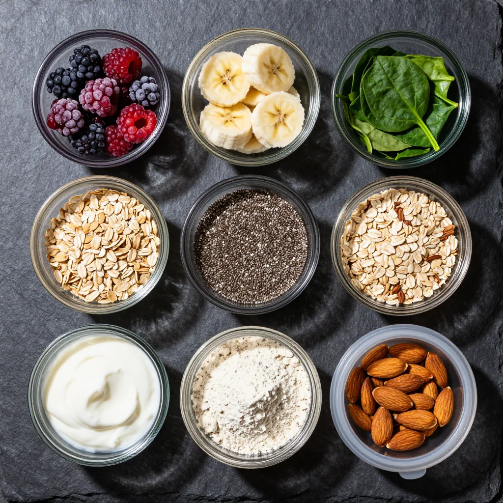 Colorful array of frozen fruit, spinach, chia seeds, and mason jars