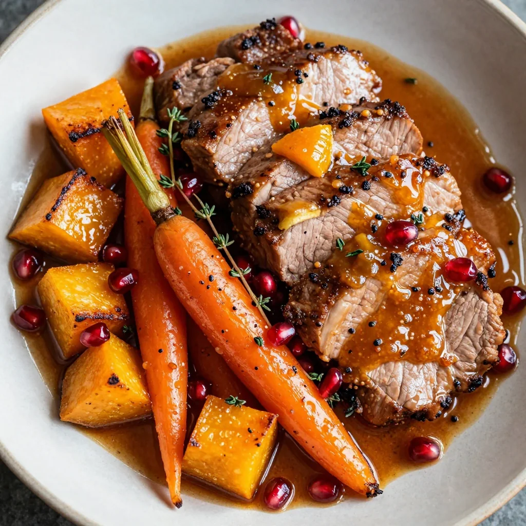 slow cooker citrus glazed pork with roasted winter squash and root vegetables