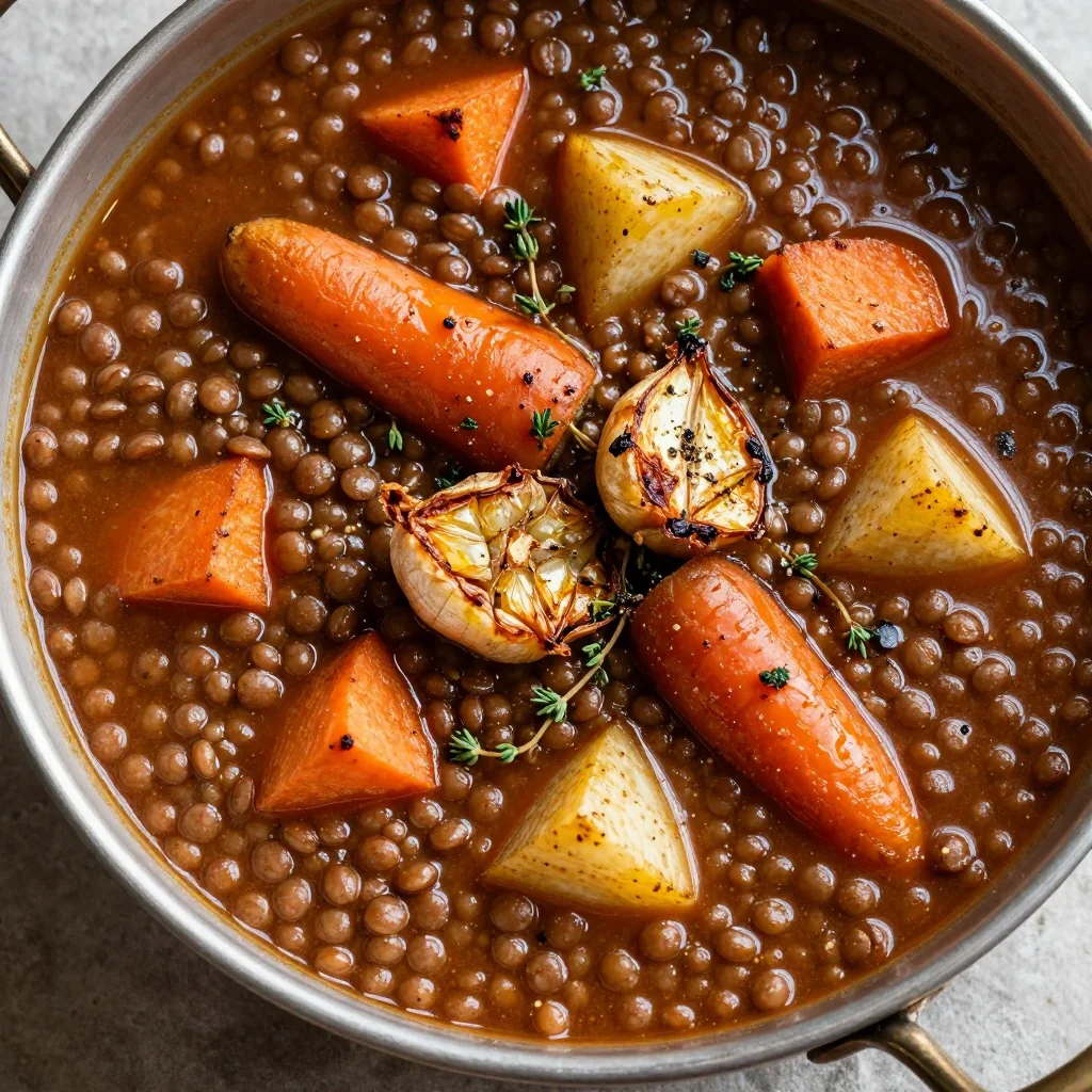 one pot lentil and roasted root vegetable stew with garlic for cold evenings