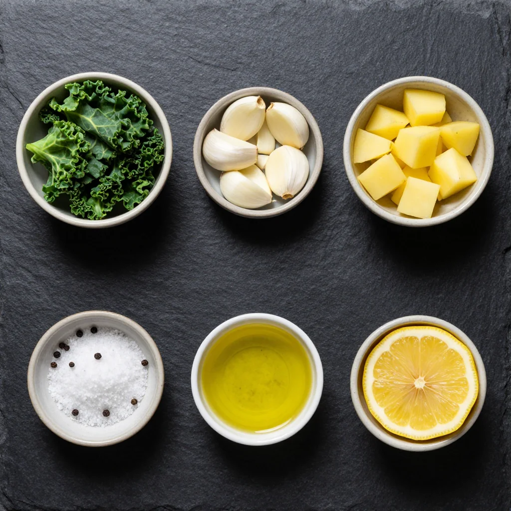 Ingredients for lemon-garlic kale and potato soup