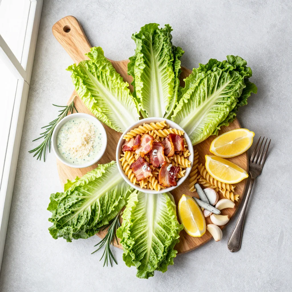 All ingredients for Chicken Caesar Salad with Pasta and Bacon