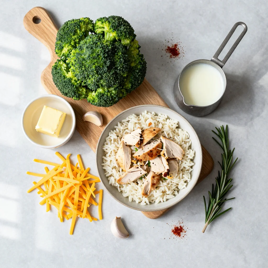 All ingredients laid out for Broccoli Cheese Rice Casserole with Chicken