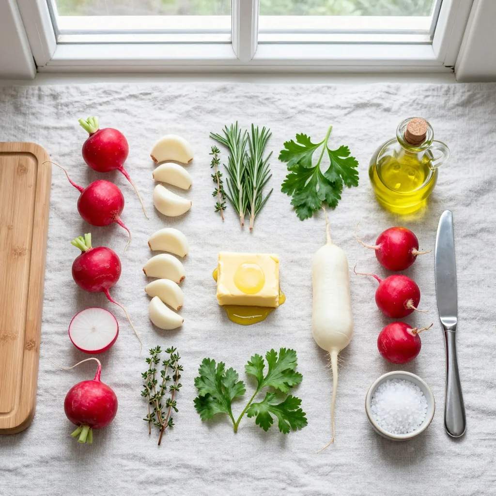 All ingredients for Roasted Radishes with Garlic Butter and Herbs