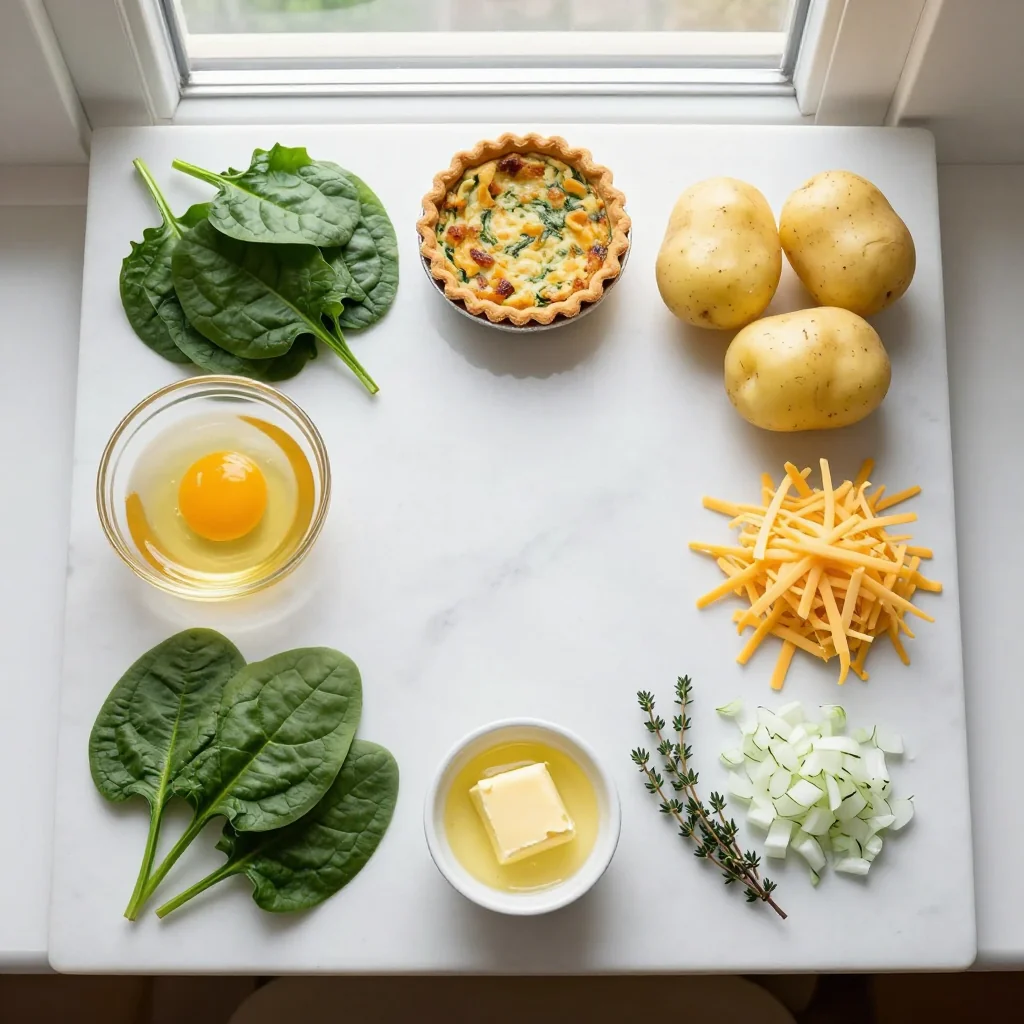 All ingredients for Spinach Quiche with Hash Brown Potato Crust